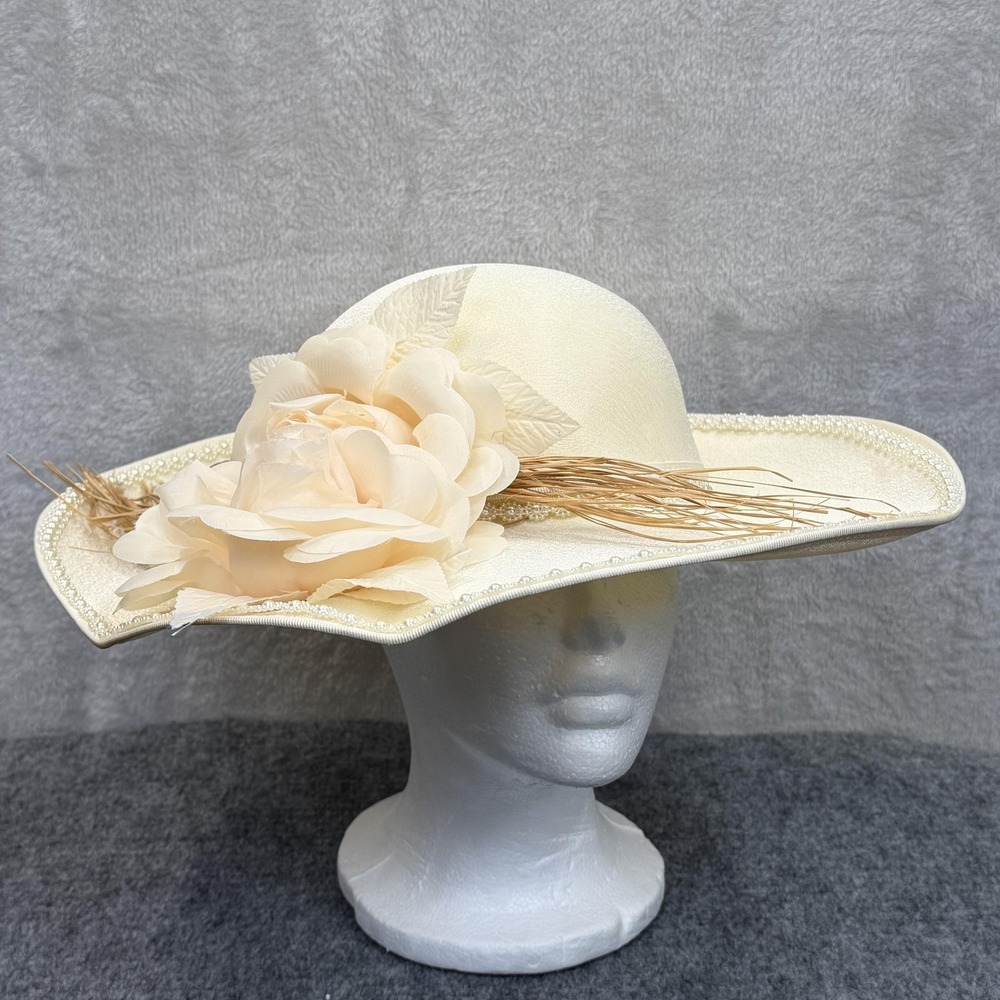 VTG Hat Sun Womens Cream Satin Flowers Beaded Wide Brim Wedding Derby Church